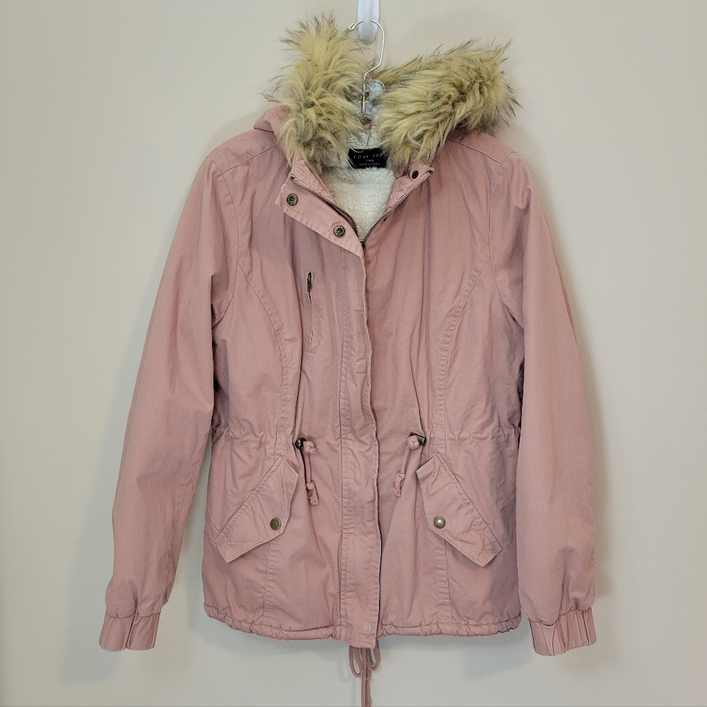 Love Tree Dusty Pink Utility Parka Sherpa Lined Faux Fur Hood Size L Cozy Casual